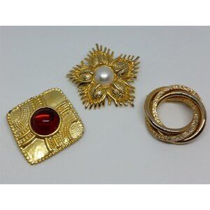 BUNDLE lot 3 Gold Tone Vintage Glam Brooch Pins statement